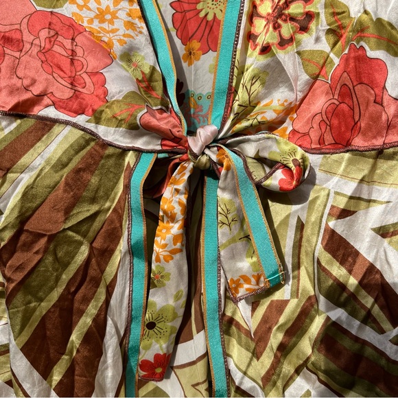 CAbi Silk Babydoll Kimono Vibrant Boho Front Tie Floral and Stripe Blouse S - Picture 5 of 14